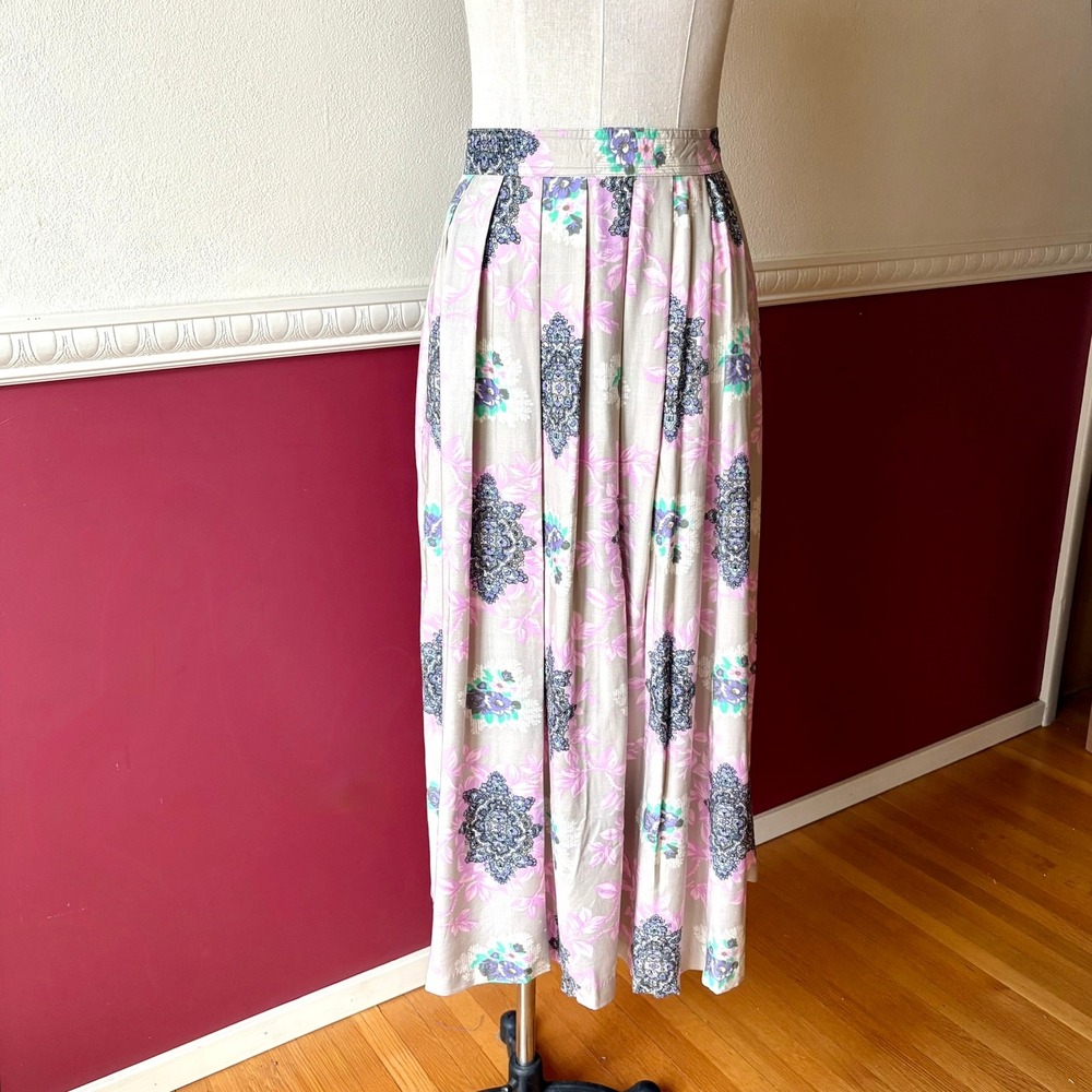 Vintage‎ Worthington Floral Medallion Pleated Tan Maxi Skirt Boho Flowy Size S/M